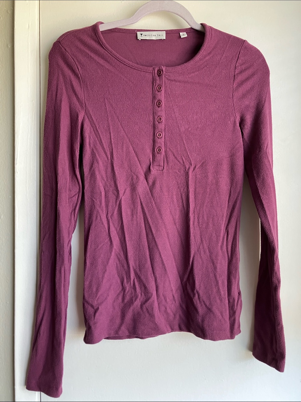 American Tall Women’s Ribbed Henley Size S Tall Purple Long Sleeve fit button